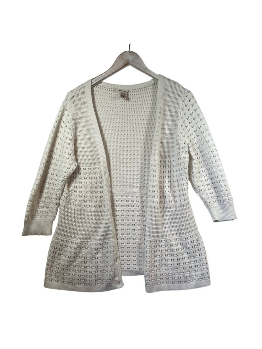 DKNY Jeans Womens XL White Pointelle Knit Open Front Cardigan 3/4 Sleeve Sweater